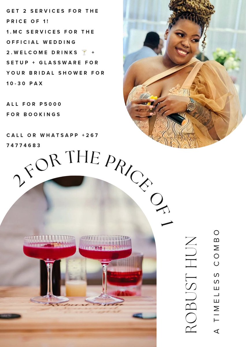 Aruriiiii le boleletse malome???

I have put together two of my strongest services being...
1.WEDDING MC WA SENATLA!🎤
2.A SEASONED MIXOLOGIST ENE WA SCHWEPPES RRA🍹

When you book me as your wedding MC you will get bar management services for your bridal shower or