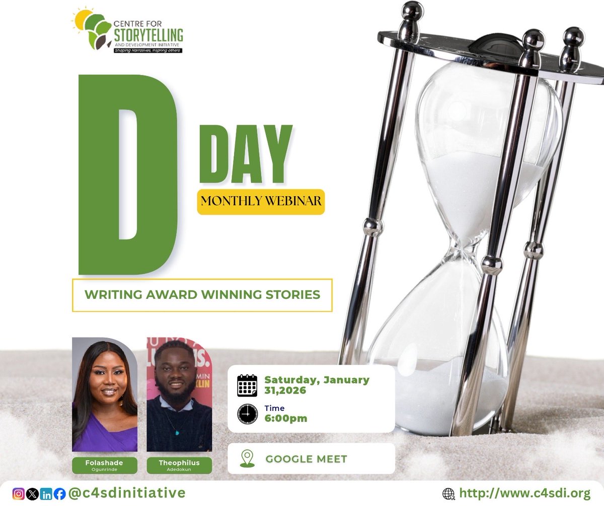 D Day
Today is the day. It is time to show up learn and sharpen your storytelling skills. Join us live and be part of the conversation.
Click this link to register before it's too late.

docs.google.com/forms/d/e/1FAI…

#CSDI 
#ShapingNarratives
#InspiringOthers #YoungAfricanStorytellers