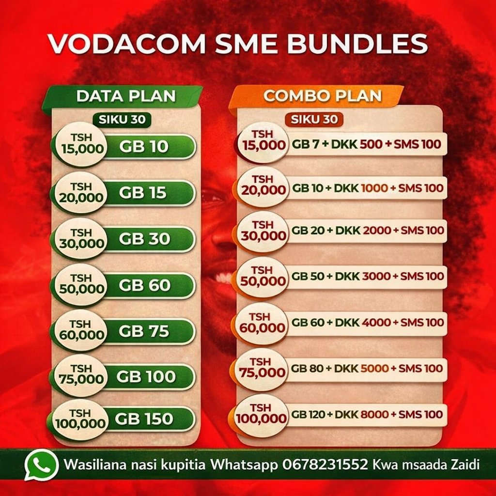 <a href="/mshambuliaji/">Maulid Kitenge</a> VODACOM SME BUNDLES 

Ni wastani wa Mpaka GB 1 kwa sh 800/=   Ukiwa na Vodacom sme,
Wezesha laini Yako sasa Kupata MENU hii 👉 *149*01*77#

🚨Ofa ya GB 3  Kwa bando za Kuanzia 30k na Zaidi
 
Inachukua dakk 5 tu kuwa tayari 

Vigezo 

🔹NIDA 
🔹Tin namba

Whatsapp: 0678231552