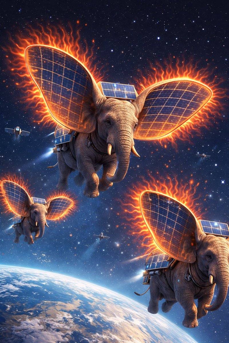 Future of orbital AI looks less like GPUs in space
and more like flying elephants 🐘
tiny solar panels for power — and huge ears to radiate heat.
Turns out this also explains why elephants have big ears:
computation is easy, cooling is hard.
Physics hasn’t changed. Not AI either