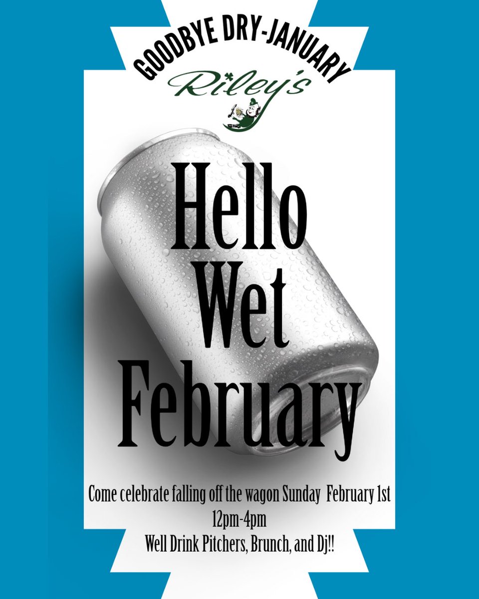 FINALLY say goodbye to dry January at Riley’s on Sunday Funday, February 1st with Sunday brunch, Bloody Mary party bowls, well drink pitchers, mimosas, and a DJ from 12:00 PM - 4:00 PM! Let’s go! ☘️