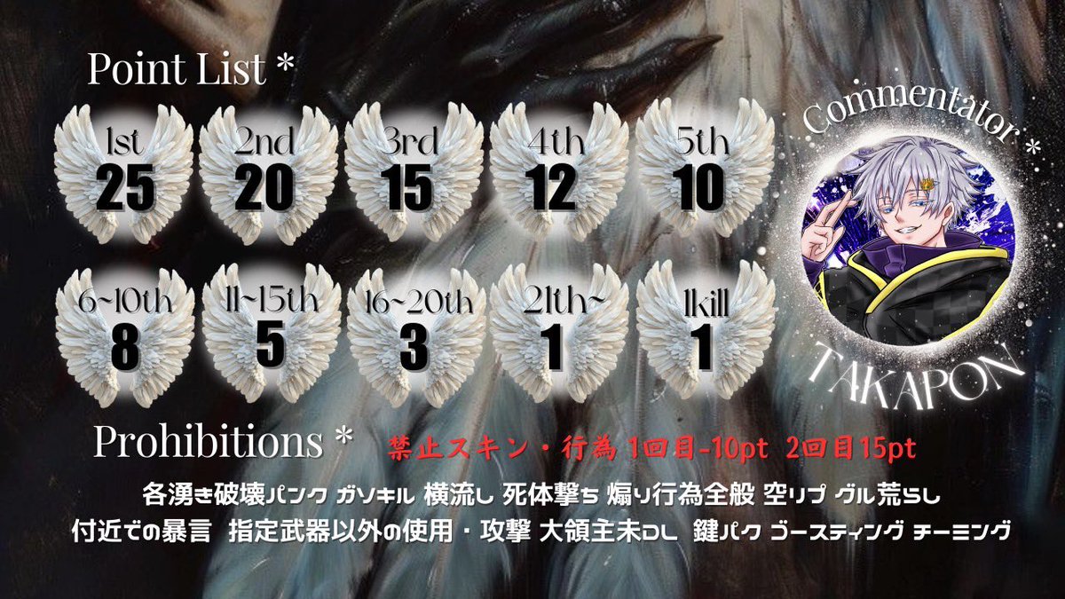 👁️‍🗨️2月RavëNSQ2dayLeague👁️‍🗨️

💰総額20.000

🗓2/11.18【毎週水曜日】※4日🍐

⌚️22:00.22:35.23:10

👤性別縛り🍐3SQ
🔫フライヤー確認

️📝提出
↳チーム名➕読み方・荒野名➕条件する垢ID

参加費1000p【配信料のみ】

MAX14チーム

👑知り合いのみ寄せ集め⭕️👑
条件等⬇️