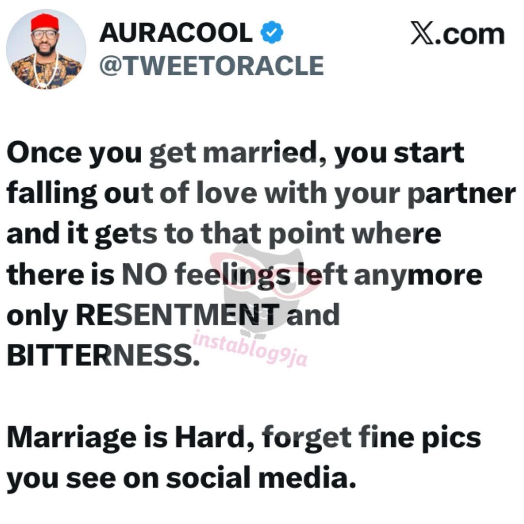 instablog9ja's tweet image. Marriage becomes resentment, not love, over time — Married Businessman Auracool claims