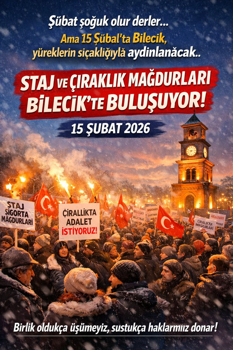 Bu sadece bir buluşma değil, bir hak arayışı.
Staj ve Çıraklık Mağdurları 15 Şubat 2026’da Bilecik’te buluşuyor.
Soğuğa karşı yüreğimiz, sessizliğe karşı sesimiz var.
Birlikte daha güçlüyüz. ✊

#DerdinDerdimizdir
#StajyerÇırakSözünüzünGereğiniBekliyor