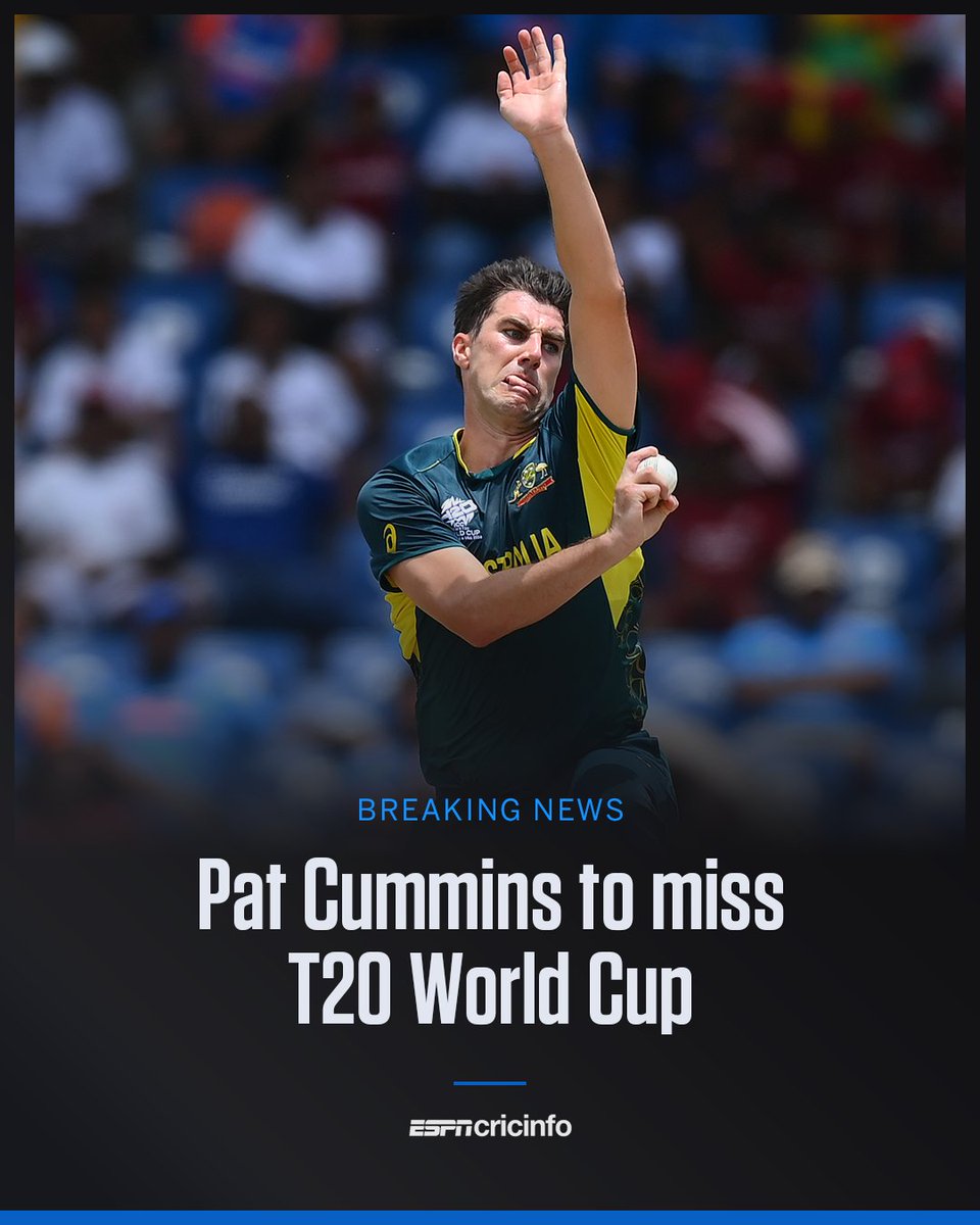 ESPNcricinfo's tweet image. JUST IN: Pat Cummins has been ruled out of the upcoming T20 World Cup due to injury; he will be replaced by Ben Dwarshuis in Australia's squad