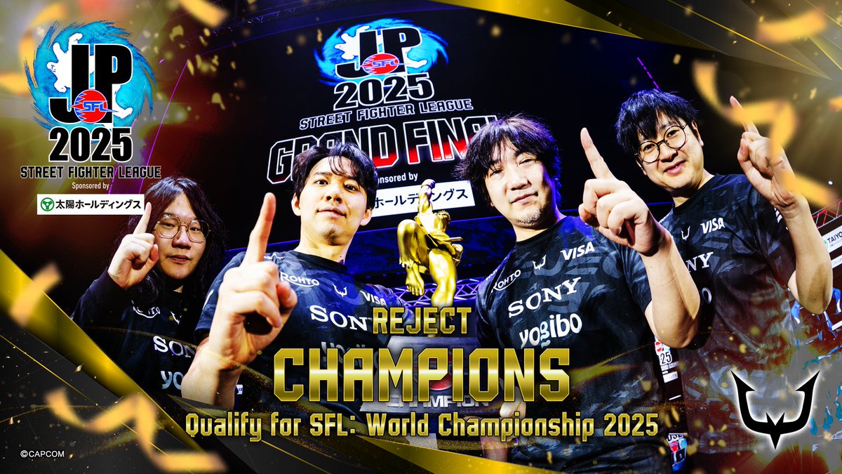 CAPCOM_eSports's tweet image. #SFリーグ Pro-JP 2025 Grand Final Winners

REJECT（@RC_REJECT）
-TOKIDO（@tokidoki77）
-LESHAR（@leshar15）
-FUUDO（@TheFuudo）
-DAIGO（@daigothebeastJP）

#スト6