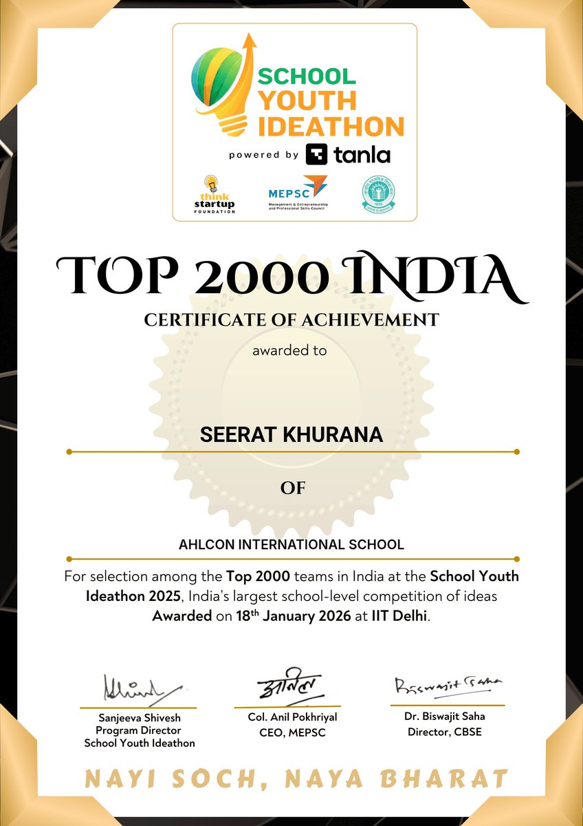 Thrilled to share I've been awarded a certificate for being among the top 2000 in India for ThinkStartup School Youth Ideathon!
Receiving this recognition is a milestone that reflects the dedication and hard work of my team and mentors.💌Grateful for <a href="/sodhisumedha/">Dr. Sumedha Sodhi #ClimateActionEdu</a> ma'am.