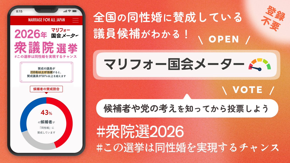 候補の同性婚の賛否がわかるサイト「マリフォー国会メーター」オープンしました
どんどん使ってください！
meter.marriageforall.jp
#この選挙は同性婚を実現するチャンス