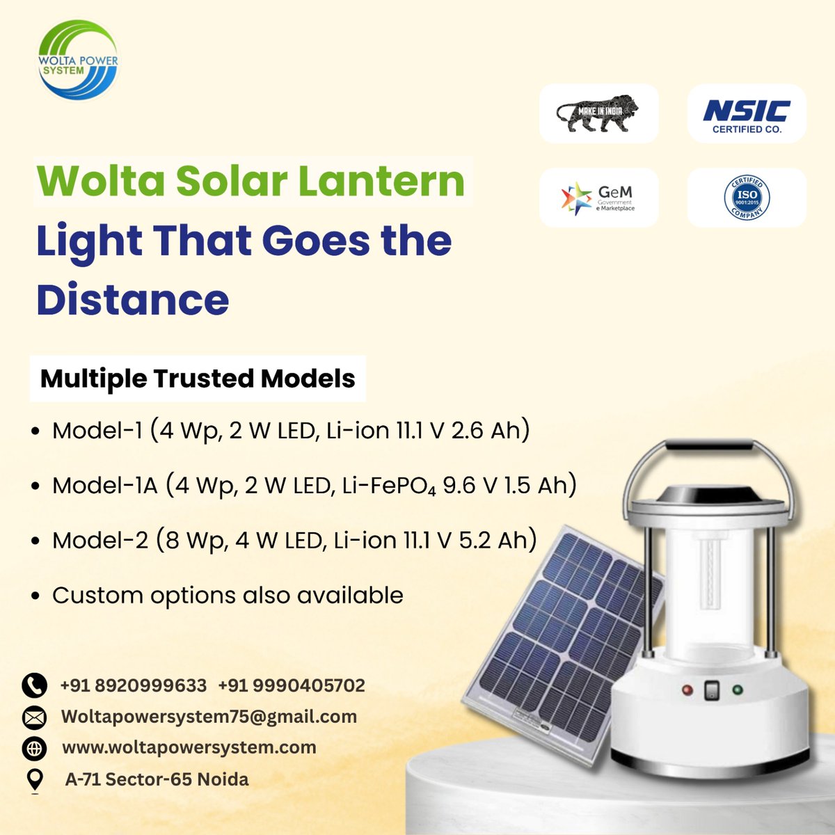 PowerWolta's tweet image. Wolta Solar Lantern |
Engineered for dependable off-grid lighting with high efficiency and long service life.
&amp;gt;High-efficiency mono solar modules

  +91 9990405702
   woltapowersystem75@gmail.com
    woltapowersystem.com
    Noida, India

#SolarLantern #WoltaPowerSystem