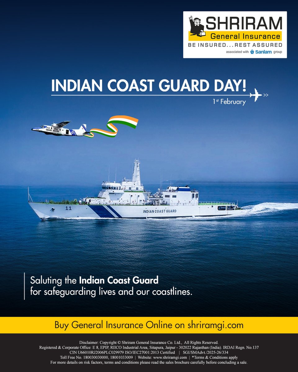 Saluting the brave men and women of the Indian Coast Guard who safeguard our seas, coastlines, and lives with unwavering dedication. 🇮🇳⚓
Honouring your service this Indian Coast Guard Day.
#IndianCoastGuardDay #SalutingOurHeroes #ServiceAndSacrifice #ShriramGeneralInsurance