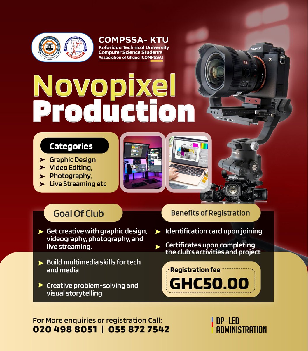 Are you ready to turn creativity into skill?
Join COMPSSA Novopixel Production club and explore graphic design, videography, photography, and live streaming 🎥🔥

Contact 0558727542 for more enquiries 

COMPSSA🤍💙

🖤🖤🖤🖤🖤🖤🖤🖤
©️DAVID-PROSPER LED-ADMINISTRATION