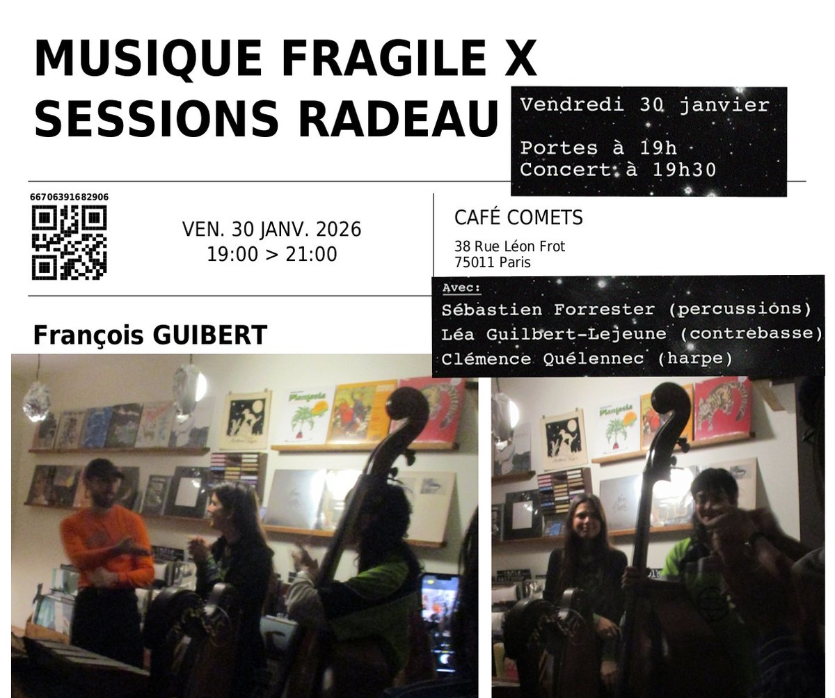 Quelques phrases sur le concert de musique expérimentale et improvisée de CLÉMENCE "AJA" QUÉLENNEC au sein d'un trio inédit. Avec LÉA GUILBERT-LEJEUNE (contrebasse) et SÉBASTIEN FORRESTER (percussions). Le 30 janvier au Café Comets (75011). Sur ce lien : facebook.com/permalink.php?…
