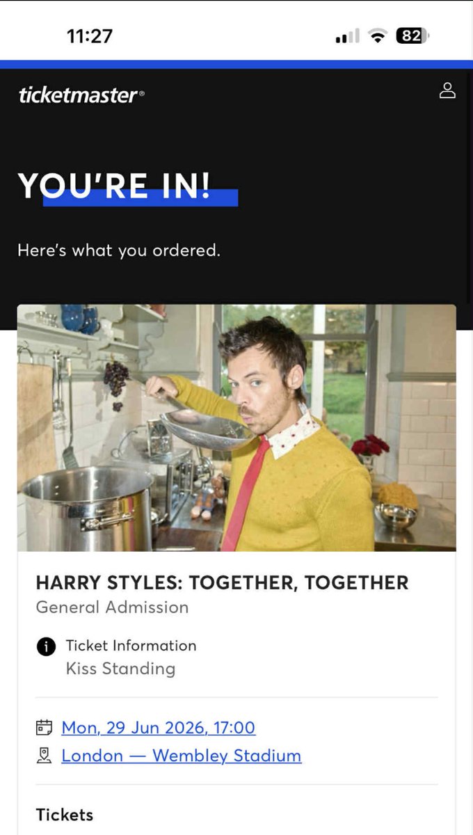 selling 4 harry styles wembley tickets for various dates and various ticket types due to upgrading, i have spares 🥺: 

💋 X1 KISS POD - MON 29TH JUNE
💋 X1 KISS POD - FRI 3RD JULY
X1 FRONT STANDING SOUTH - SAT 20TH JUNE
X1 REAR STANDING - MON 29TH JUNE

all face value non-vip!!