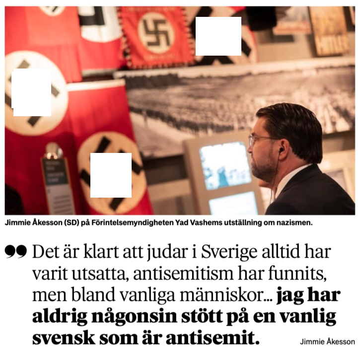 Den politiska satiren är död när ledaren för världens största parti med ett nazistiskt förflutet besöker Yad Vashem. Fotot är hämtat ur dagens DN och togs när Åkesson var huvudtalare på Netanyahus internationella konferens för att bekämpa antisemitism på Förintelsens minnesdag.
