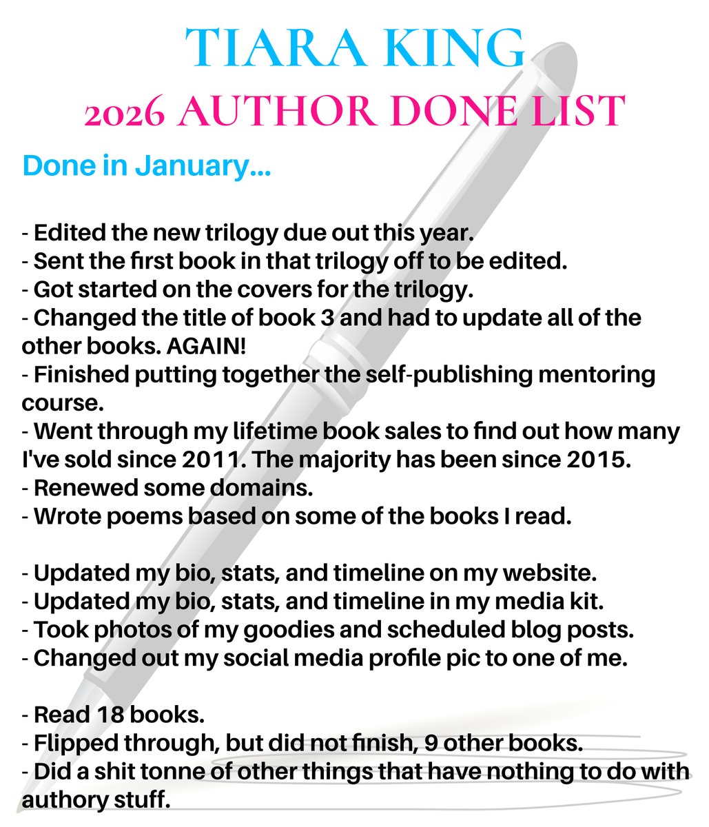 AUTHOR BTS: My Monthly Author Done List is here. This is a list of the authory things that was done this month.
.
#tiarakinghq #writing #author #authorlife  #authorcommunity #writer #writerslife  #writerscommunity #bts #todolist #businessplan
