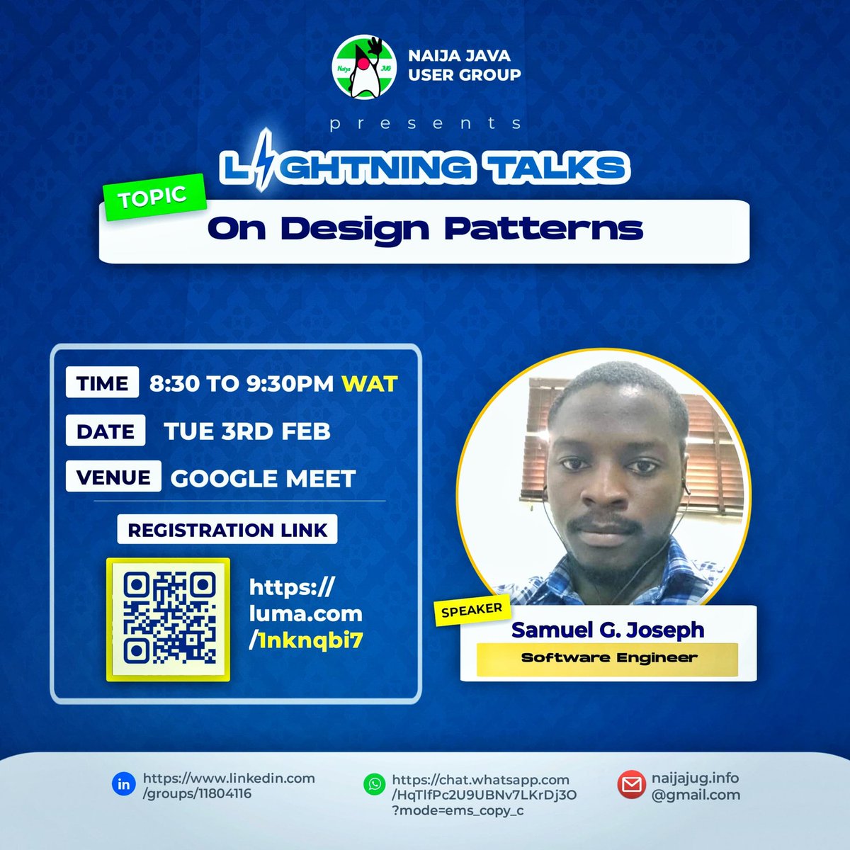 🚀 Lightning Talk on Design Patterns

Design patterns help engineers move beyond trial-and-error coding into writing clean, reusable, and scalable software.

The Naija Java User Group is hosting a Lightning Talk focused on Design Patterns,