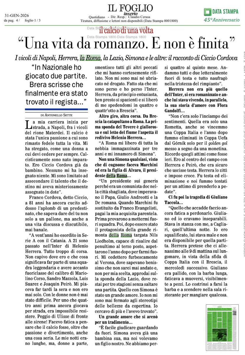 InTheSoccerTime's tweet photo. “Una vita da romanzo. E non è finita”.
I vicoli di Napoli, Herrera, la #asroma, la #Lazio, Simona Marchini e le altre: il racconto di Ciccio Cordova
“In Nazionale ho giocato due partite. Brera scrisse che finalmente era stato trovato il regista…” | via @ilfoglio_it https://t.co/6OtKeBAelM
