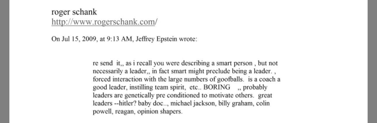 KlonnyPin_Gosch's tweet image. Epstein’s list of great leaders:
Hitler, Baby Doc Duvalier, Michael Jackson, Billy Graham, Colin Powell, Reagan.

(He says they are “genetically pre-conditioned to motivate others”—always the eugenicist lmfao)