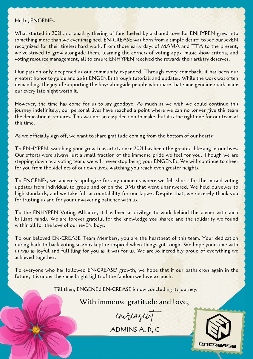 ENCREASEVT's tweet image. [IMPORTANT NOTICE] 📝

Reflecting on this chapter with nothing but gratitude. Thank you, ENHYPEN and ENGENES. 🙇‍♀️

EN-CREASE is now signing off. 🌸

To know more about voting for ENHYPEN, may it be for the group or individual, kindly follow that following accounts below:…