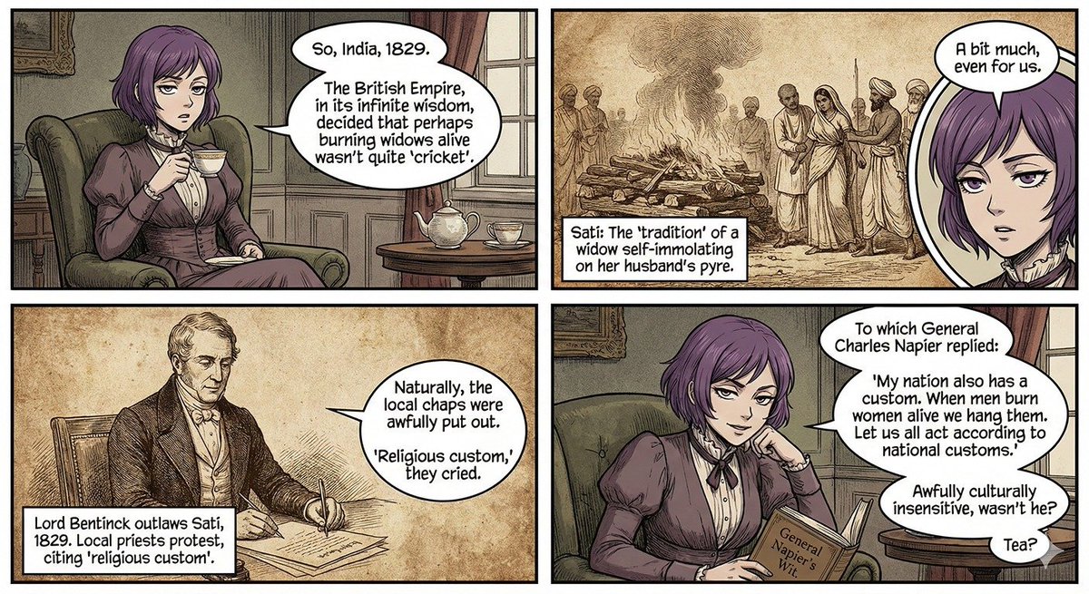 GM Britain ☕️

In India, the practice of Sati was a custom that saw widows burned alive on their husbands funeral pyres. This awful tradition continued for centuries until Britain banned it in 1829. 🔥

Hindu priests protested: "It's our religion!"

The British commander in