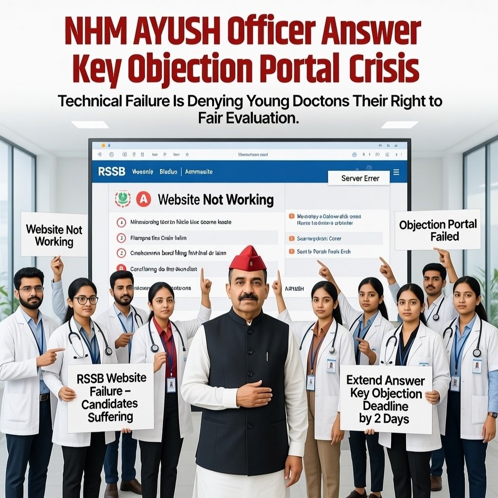 29–31 जनवरी objection अवधि है लेकिन RSSB की वेबसाइट ठप है।
<a href="/alokrajRSSB/">Alok Raj</a> कृपया तकनीकी कारण दूर कर 2 दिन और दें।
#AYUSH_Officer_Anskey
<a href="/BJP4Rajasthan/">BJP Rajasthan</a> <a href="/RajCMO/">CMO Rajasthan</a> <a href="/BhajanlalBjp/">Bhajanlal Sharma</a> <a href="/GajendraKhimsar/">Gajendra Singh Khimsar</a> <a href="/Radhemahwa/">Radhe Meena</a> <a href="/manojmeena/">Manoj Meena</a> <a href="/DainikBhaskar/">Dainik Bhaskar</a> <a href="/mona_jat21/">डॉ मोनिका चौधरी</a>