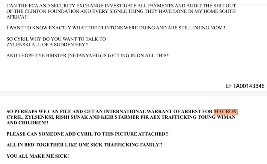 ai_qube_fr's tweet image. #Epstein : Le nom de #Macron apparaît plusieurs fois dans les documents récemment publiés, notamment dans des mails datant de février 2025 rédigés par une source anonyme (qui semble être une victime) y accuse Macron et #Zelensky de trafic de femmes et d’enfants, et demande au FBI…