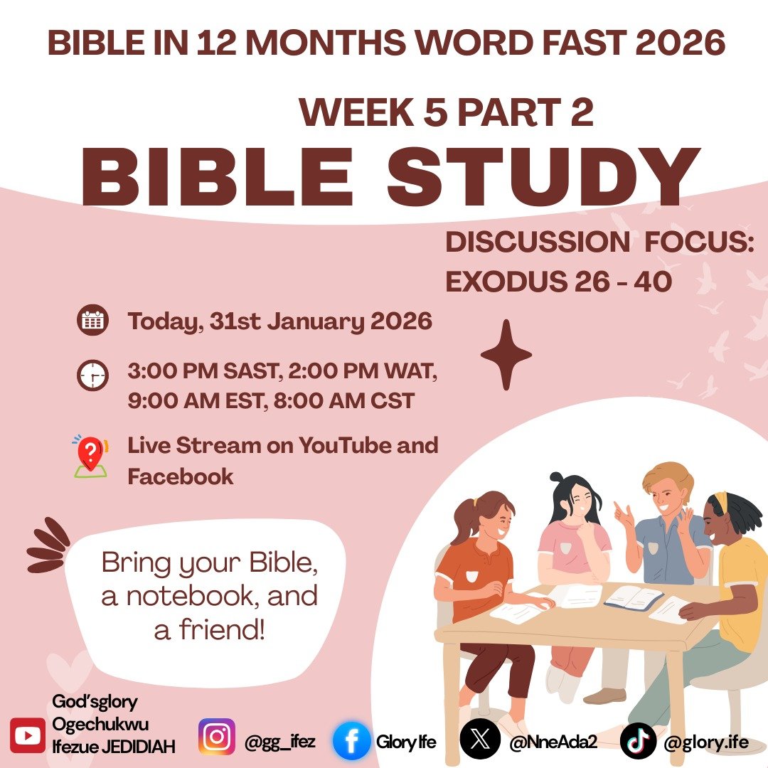 Join us today as we finish off the Book of Exodus, yaay. 

Kindly note that for *today alone*, our start time is earlier at 3pm. From next weekend we will then revert back to the normal time of 5pm.

See you soon 😊