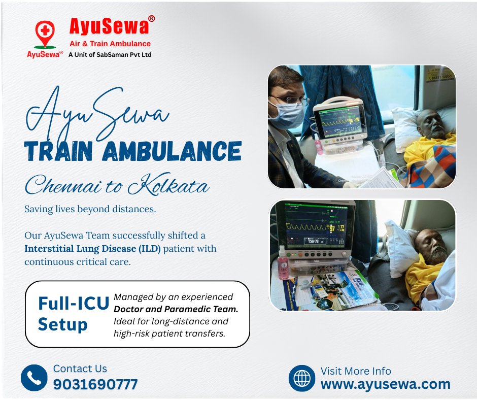 ayusewa's tweet photo. Saving lives beyond distances.

Our Train Ambulance Team successfully shifted an interstitial lung disease (ILD) from #Chennai to #Kolkata.

Contact Us by Dialling: 9031690777
Website: https://t.co/LQcZRNFYNN

#AyuSewa #AyuSewaTeam #TrainAmbulance #Ambulance #ChennaiToKolkata https://t.co/cPQESupyP8
