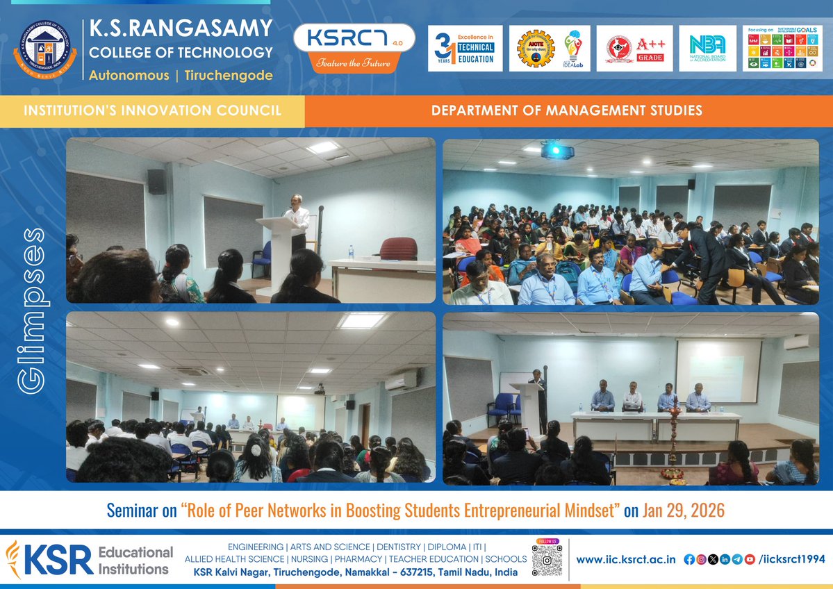 MBA, KSRCT under the Institution's Innovation Council (llC), organized seminar on “Role of Peer Networks in Boosting Students Entrepreneurial Mindset” on January 29, 2026.

#iicksrct1994 #ksrct1994 #ksr #ksrei #ManagementStudies #EntrepreneurialMindset