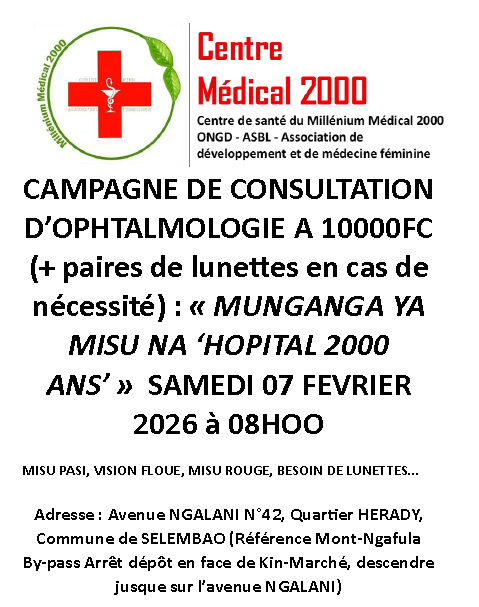 M_Medical2000's tweet photo. CAMPAGNE DE CONSULTATIONS OPHTALMOLOGIQUES AU CM2000
Les enregistrements pour la campagne du Samedi 07 Février de consultations ophtalmologiques ont déjà commencé. N’hésitez pas de passer au CENTRE MÉDICAL 2000 pour ce.
PAF: 10000FC https://t.co/yHTursquyB
