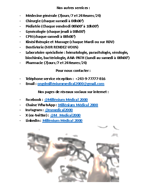 M_Medical2000's tweet photo. CAMPAGNE DE CONSULTATIONS OPHTALMOLOGIQUES AU CM2000
Les enregistrements pour la campagne du Samedi 07 Février de consultations ophtalmologiques ont déjà commencé. N’hésitez pas de passer au CENTRE MÉDICAL 2000 pour ce.
PAF: 10000FC https://t.co/yHTursquyB