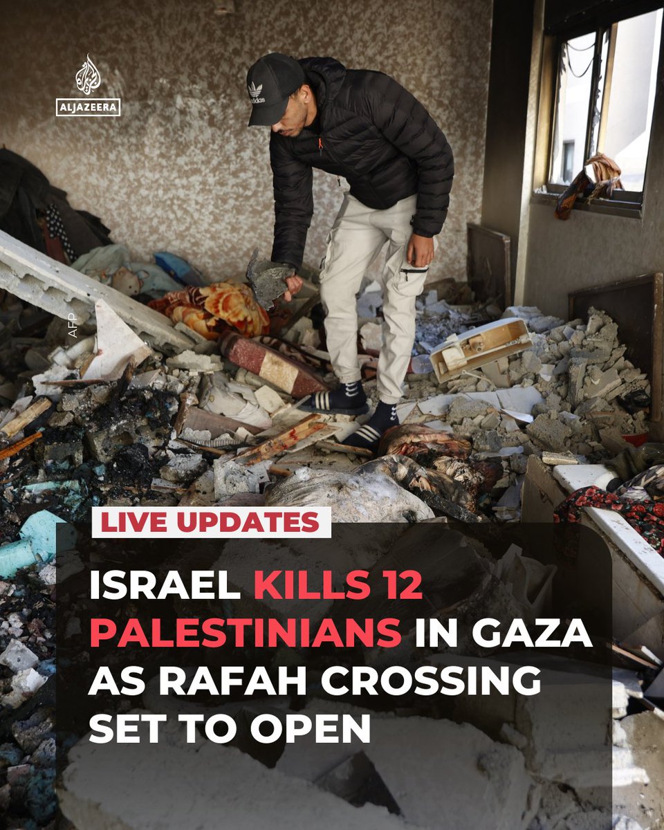 AJEnglish's tweet image. Israeli attacks on the Gaza Strip have killed at least 12 Palestinians, including six children, a day before Israel is due to reopen the Rafah crossing.

🔴 Follow our LIVE coverage: aje.news/8xzvds