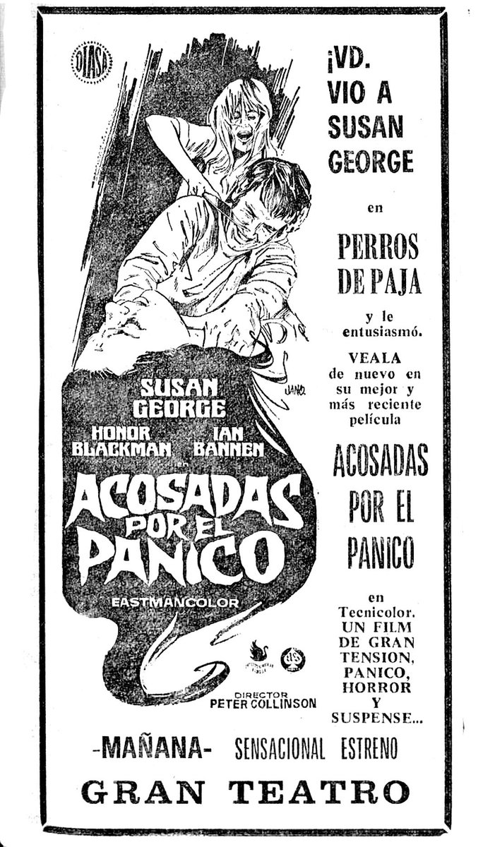 Buenos días. El 31 de enero de 1973 se anuncia en prensa el sensacional estreno de un film británico de gran tensión, pánico, horror y suspense con la protagonista de Perros de paja. #Efeméride