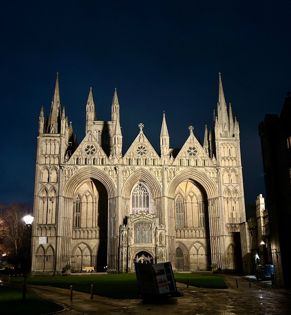 A rainy Peterborough city centre yesterday evening. The cathedral was consecrated in 1238, on the site of a monastery founded in 655AD. The Guildhall is somewhat newer - it opened in 1671. #peterborough #history #Heritage