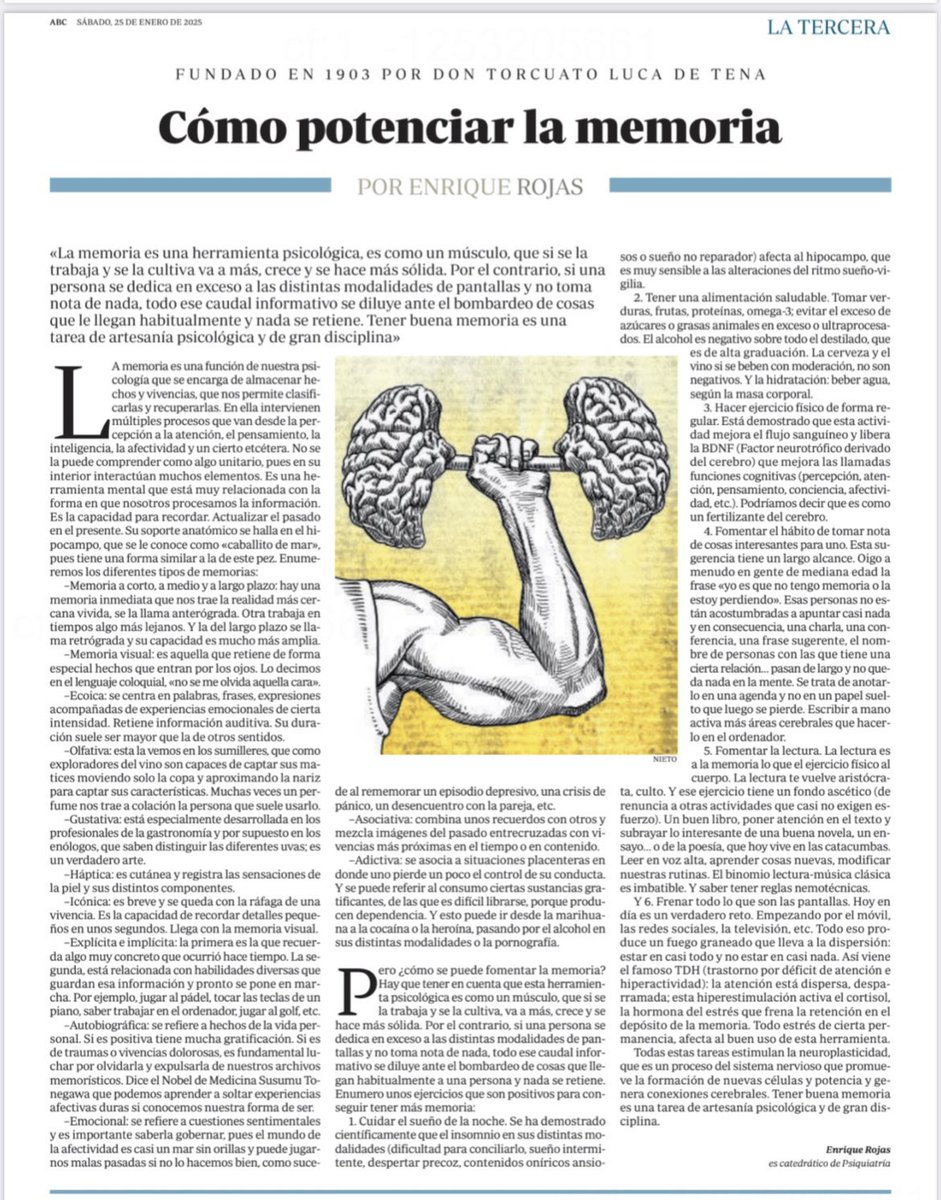 🧠 "La memoria es como un músculo: si la trabajas y la cultivas, crece y se hace sólida. Si no la ejercitas, se diluye ante el bombardeo de información constante." Aprender a fortalecerla. Enrique Rojas. 📚