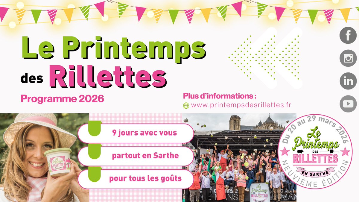 ℹ️ Les animations locales du PRINTEMPS DES RILLETTES 2026 seront maintenant diffusées sur un "Evénement Facebook" général en lien avec la page programme du festival.

👉 Explications dans le blog  : printempsdesrillettes.fr/evenement-face…

#PrintempsdesRillettes #rillettes2026 #sarthe #LeMans