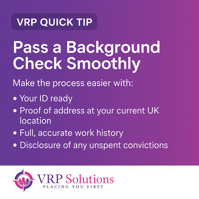 VRP_Solutions_'s tweet photo. VRP Quick Tip 💡

Make background checks simple by having your ID, proof of address, full work history and any required disclosures ready.

We’re here to support your journey.

#VRPSolutions #PlacingYouFirst #CareerTips #UKJobs #JobSearch https://t.co/T8M4qrpdad