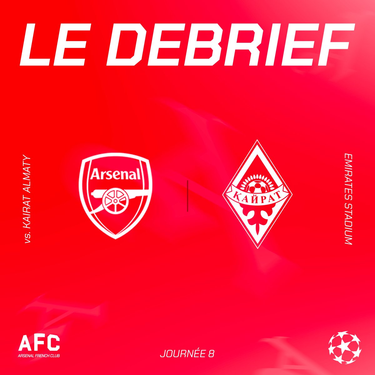 Arsenal dans l’histoire ! 

Arsenal s’impose face au Kairat Almaty dans le dernier match de la saison régulière de la Ligue des Champions et devient le premier club à afficher une campagne parfaite avec un 8/8 💪

Avec une équipe remaniée, les Gunners s’imposent facilement face à
