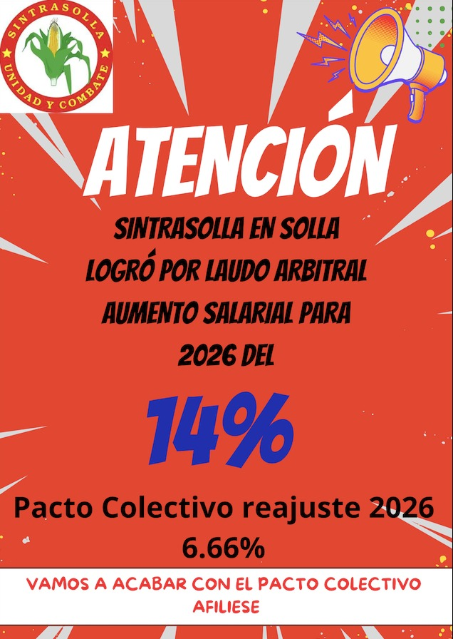 CesarALuqueF's tweet photo. Fruto de la soberbia empresarial en la mesa de negociación entre Solla @SollaNutricion y Sintrasolla @sintrasolla no se pudo lograr un acuerdo, que permitiera firmar una convención colectiva, ante lo cual la organización sindical tuvo que acudir a un Tribunal de Arbitramento, que ahora dictó laudo arbitral, donde para el 2026 el reajuste salarial será de 14%, superior al reajuste que la empresa le hizo a los trabajadores no sindicalizados bajo el pacto colectivo de 6.66%. 

Igualmente el laudo arbitral trae mejoras en los beneficios para los trabajadores, que pudieron haberse dado en la negociación, lo que sin embargo, no se pudo debido a la respuesta empresarial al pliego de peticiones sindical. Lo que se puede acordar entre las partes, desgraciadamente hay que llevarlo a un tercero, para se pronuncie. 

Mi reconocimiento a los afiliados a Sintrasolla, los que vienen creciendo a pesar de la conducta antisindical de la empresa, en esta lucha por mejorar sus condiciones de trabajo. El proceso no ha terminado, y seguramente se alargará, debiendo los trabajadores resistir y persistir en su lucha por mejores condiciones de trabajo. 

Ahora la empresa busca que le cancelen los registros sindicales de las subdirectivas de Sintrasolla, en Girón (Santander), Bello (Antioquia), Guadalajara de Buga (Valle del Cauca), creyendo que esa es la forma de tratar a sus trabajadores, lo que profundiza las diferencias, pero no amedrenta a quienes enfrentan esos ataques. 

Me alegra estar acompañándolos en esta lucha, y una vez más, la lucha organizada, pensada, estudiada, da frutos, así fuera mejor construir acuerdos entre las partes, independiente de las diferencias, que siempre persistirán, pero que no impiden el dialogo y el respeto. Con disciplina todo se puede. La lucha sigue...