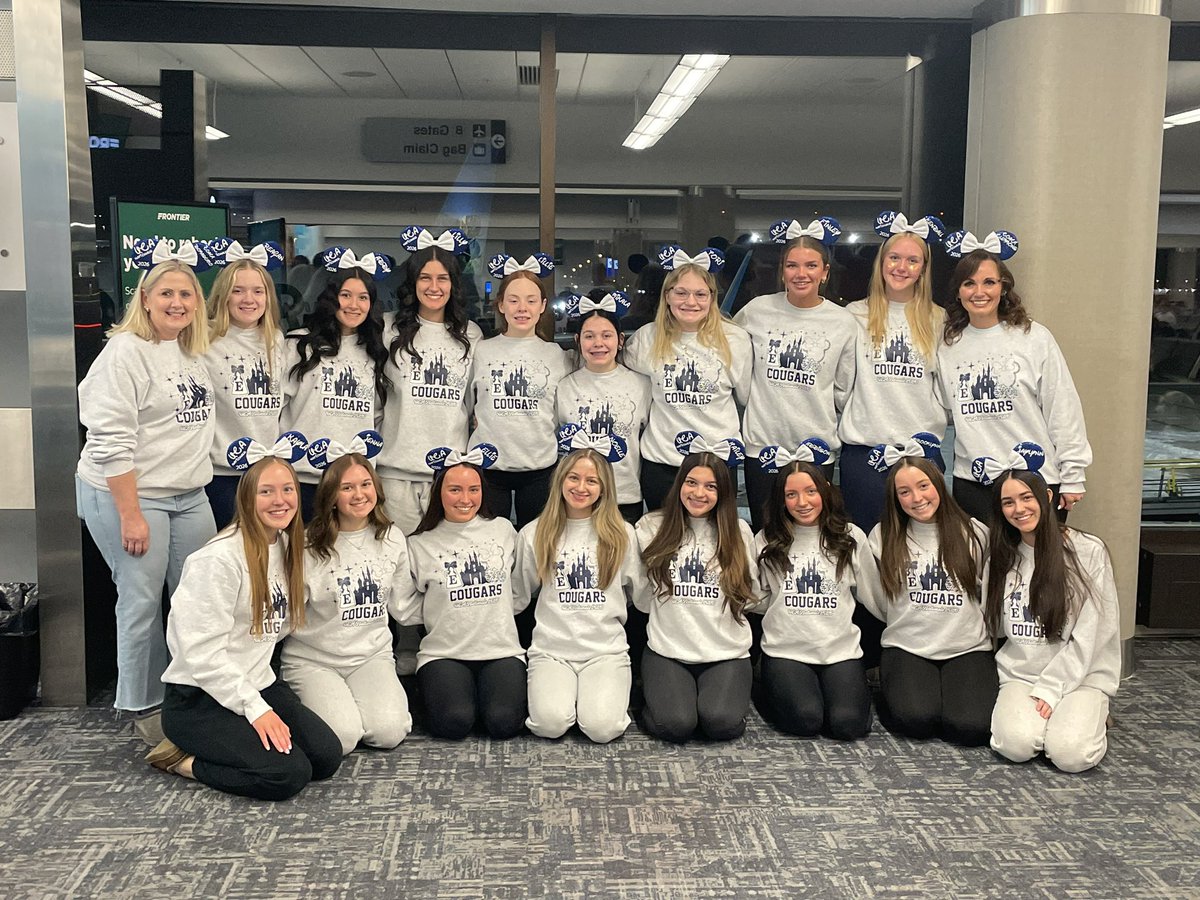 EHSCougarsCheer's tweet photo. Wheels Up! Disney Bound! Here come the Cougars! 💙📣🤍 https://t.co/Jn11EsCNlh