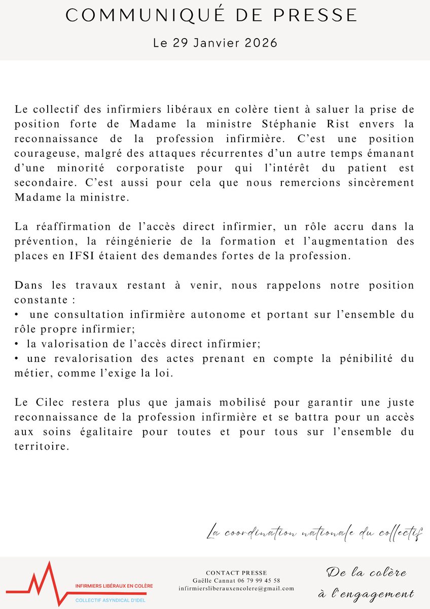 Le CILEC salue la position forte de la ministre <a href="/stephanie_rist/">Stéphanie RIST</a> en faveur de la reconnaissance infirmière.

Accès direct ✔️
Prévention renforcée ✔️
Formation réaffirmée ✔️

Mais le combat continue :
➡️ consultation infirmière autonome
➡️ valorisation réelle de l’accès direct
➡️