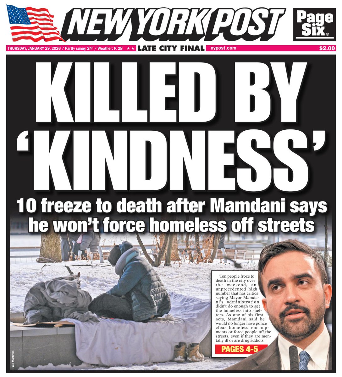 nypost's tweet image. Critics push Mamdani, NYC to do more to force homeless into shelters after 10 die in deep freeze. Read today's cover here: nypost.com/2026/01/28/us-…