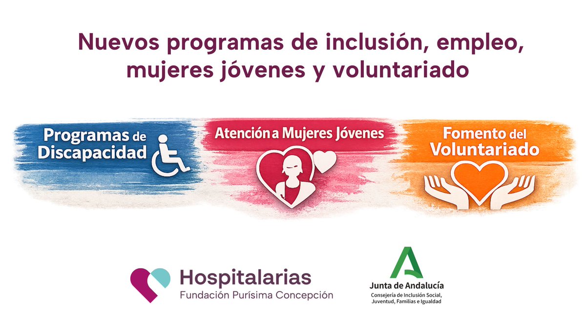 Nuevos programas sociales con el respaldo de <a href="/IgualdadAND/">Inclusión Social, Juventud, Familias e Igualdad</a> 
💧 Hidroterapia
🧠 Accesibilidad cognitiva
💼 Empleo inclusivo
👩 Mujeres jóvenes extuteladas
🤝 Voluntariado
Seguimos ampliando apoyos donde más se necesitan.
🔗 Conoce los programas hospitalariaspurisima.org/comunicacion/s…