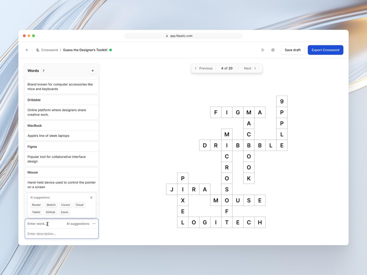 stahusta's tweet photo. Crossword editor interface for an AI-powered app that generates crosswords from article links. The side panel handles word management with AI suggestions, while the canvas displays a live preview of the crossword layout. https://t.co/XREEV7u4x5