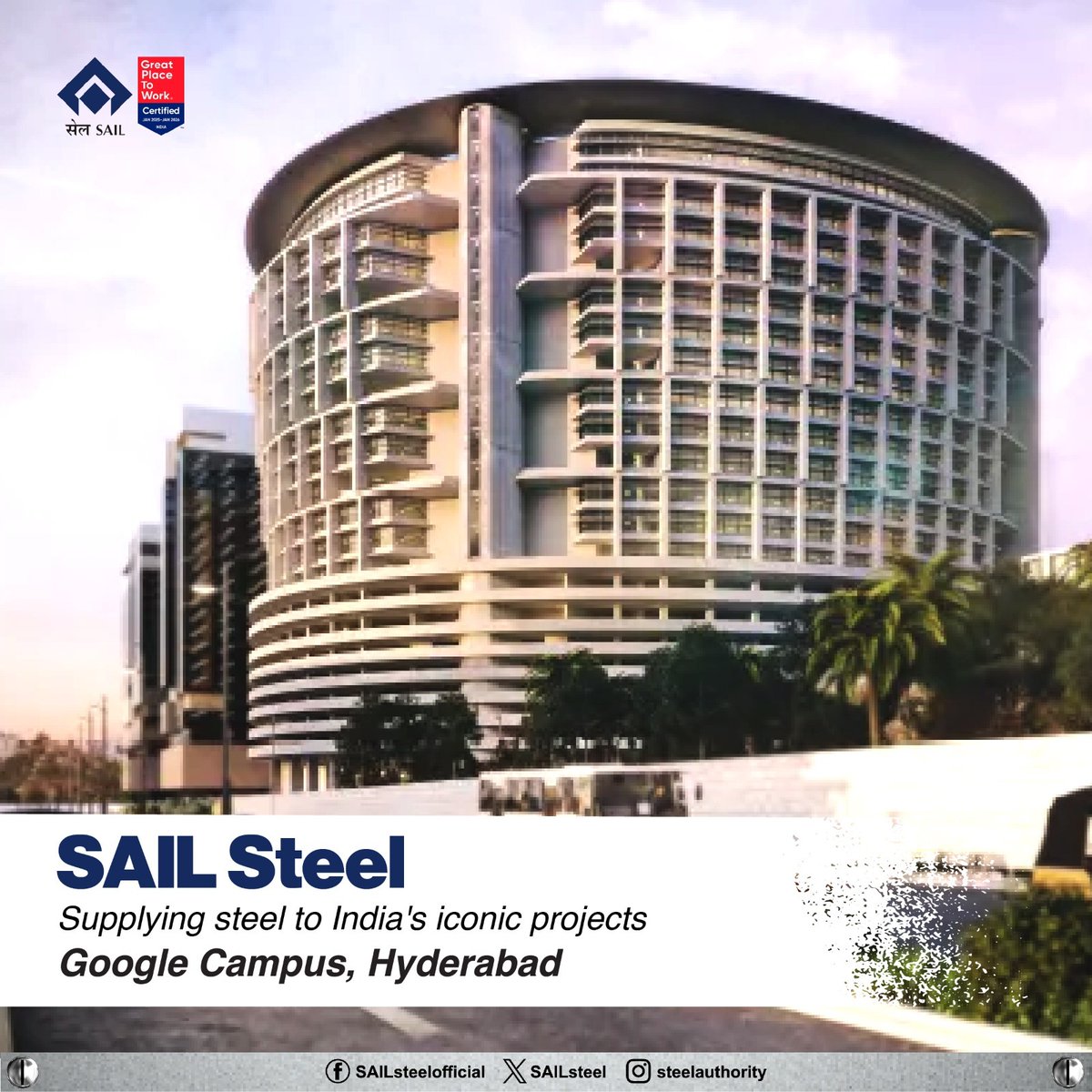SAILsteel's tweet image. SAIL Steel proudly supports India’s iconic infrastructure, contributing to the Google Campus, Hyderabad. With superior quality and reliability, SAIL steel strengthens world-class projects that reflect India’s growing global footprint and modern urban development.

#SAILSteel