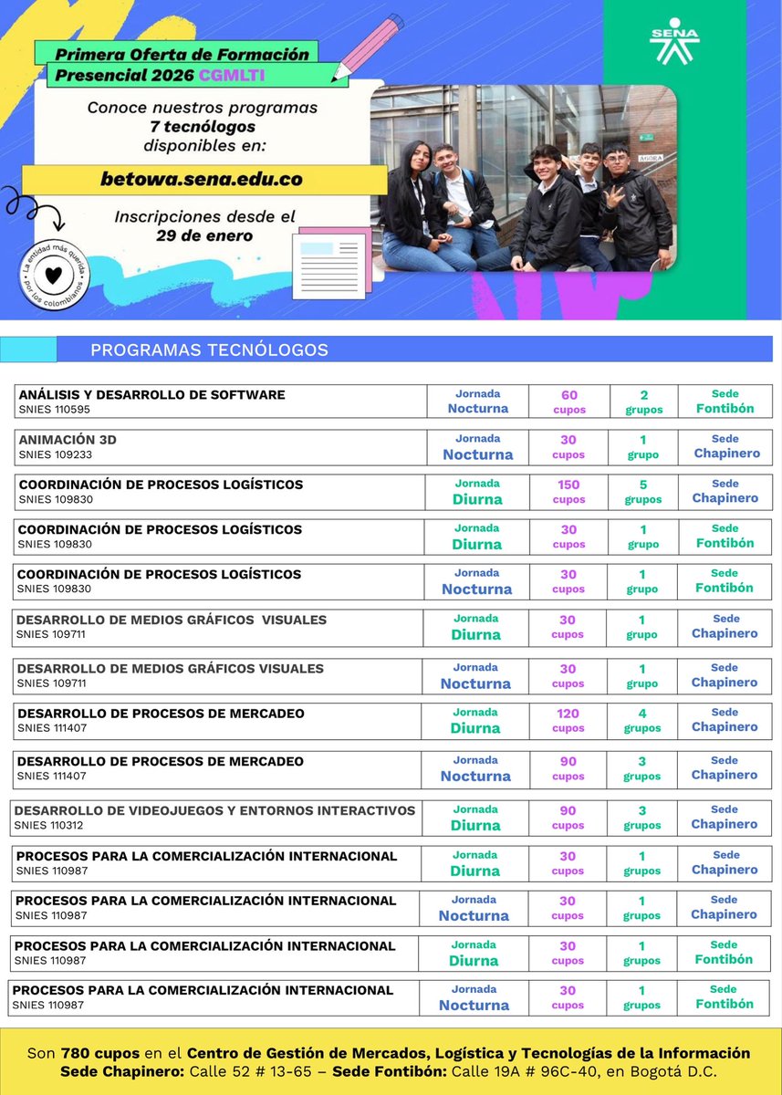 inhouse52sena's tweet photo. Holi... este 29 de enero se abre la 1ra Oferta de Formación Presencial 2026 y el SENA CGMLTI tiene una gran oferta para ti…

Tenemos 7 programas de nivel TECNÓLOGO, disponibles para ti en distintos horarios y en 2 de nuestras sedes. https://t.co/HYEH3R8nIq