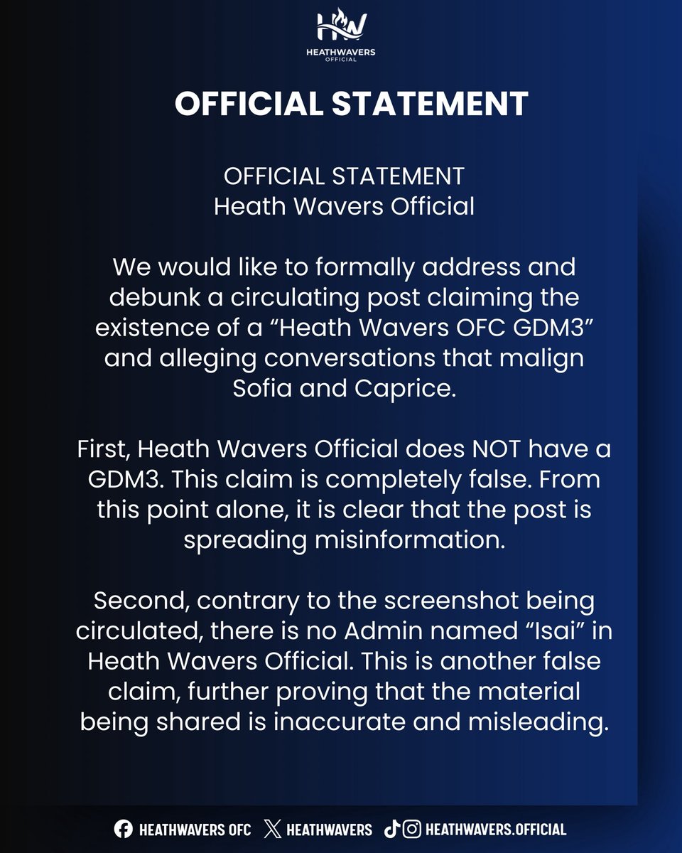 HeathWaversOFC's tweet photo. OFFICIAL STATEMENT
Heath Wavers Official

We would like to formally address and debunk a circulating post claiming the existence of a “Heath Wavers OFC GDM3” and alleging conversations that malign Sofia and Caprice.

First, Heath Wavers Official does NOT have a GDM3. This claim is completely false. From this point alone, it is clear that the post is spreading misinformation.

Second, contrary to the screenshot being circulated, there is no Admin named “Isai” in Heath Wavers Official. This is another false claim, further proving that the material being shared is inaccurate and misleading.

Third, Heath Wavers Official has always upheld and promoted positive campaigning for Heath. We consistently remind our members and all supporters to avoid negativity, bashing, or malicious discussions about other housemates or individuals. Those who regularly watch our lives are aware that this has always been our firm reminder and standard.

We strongly deny any involvement in conversations that malign Sofia, Caprice, or anyone else. Such actions do not reflect our values and are not tolerated within our community.

We urge everyone to stop spreading false narratives and unnecessary issues.

Let us refocus our energy on supporting Heath, especially as he faces eviction this Saturday.

Positive support. Respectful fandom.
This is, and will always be, Heath Wavers Official.

— HEATHWAVERS OFFICIAL ADMIN