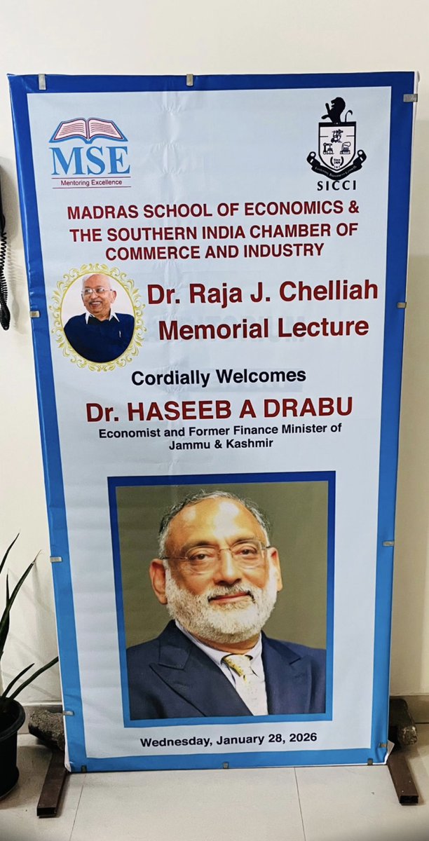 HaseebDrabu's tweet photo. Deeply privileged to deliver the Raja Chelliah Memorial Lecture at the Madras School of Economics, with Dr C Rangarajan presiding as chair. At 94, battling a sore throat, he had read the paper in full and offered penetrating comments for a full thirty minutes. The extraordinary devotion to scholarship and public policy—now fading with this remarkable generation of economists like A Vaidyanathan, Bimal Jalan, and Y V Reddy, who shaped India’s economic destiny for decades is something we don’t see anymore. 
https://t.co/E5kOF3VCWs
