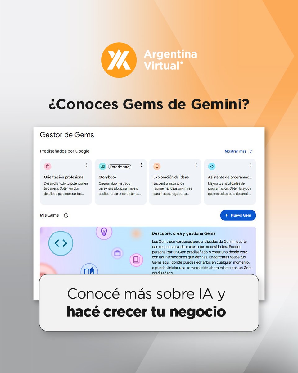 💡 ¿Escuchaste hablar de los "GEMs" de Gemini? 

Te explicamos qué son estos modelos de Google 👇

🔹 Generative Extended Models: Son versiones avanzadas y específicas de Gemini, diseñadas para tareas muy concretas y complejas

#ArgentinaVirtual #InteligenciaArtificial #GeminiAI