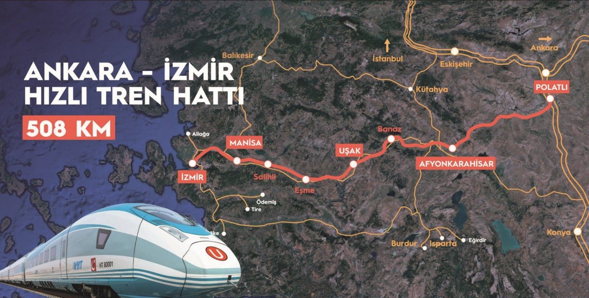 onedio's tweet photo. Ankara–İzmir Yüksek Hızlı Tren hattının 2027’nin sonuna kadar tamamlanmasının planlandığı açıklandı.

⏱️ Yolculuk süresi: 3,5 saat https://t.co/tLlNQsx7wK